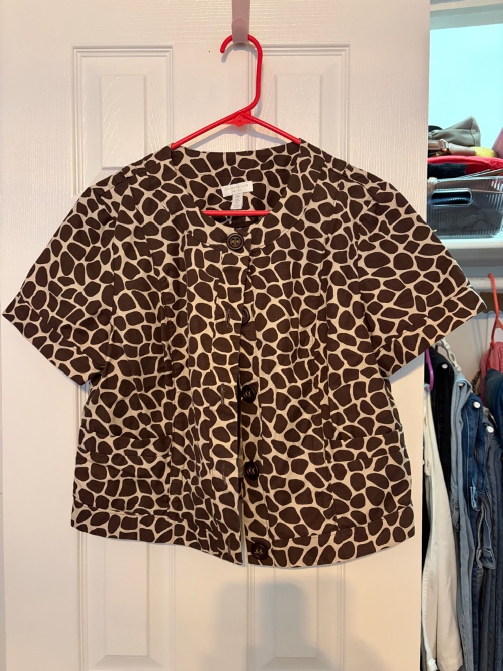 Charter Club Brown and Cream Short-Sleeve Animal Print Blazer